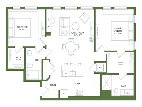 Floor plan for 2 beds, 2 baths, 1174 sqft